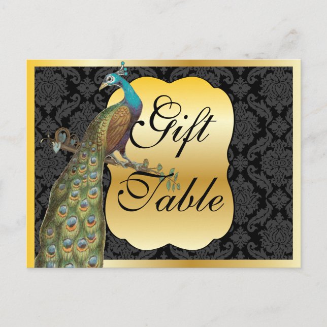 Carte Postale Pancarte de table de cadeaux en or Peackcock (Devant)