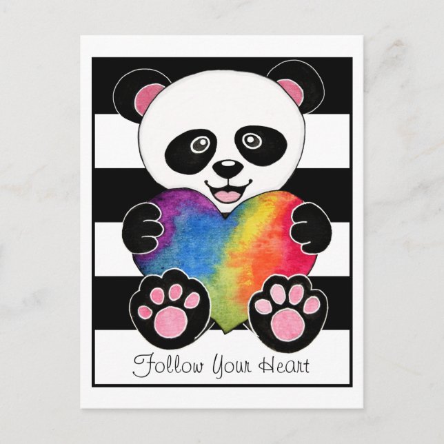 Carte Postale Panda Aquarelle Cute Avec Coeur Arc En Ciel (Devant)