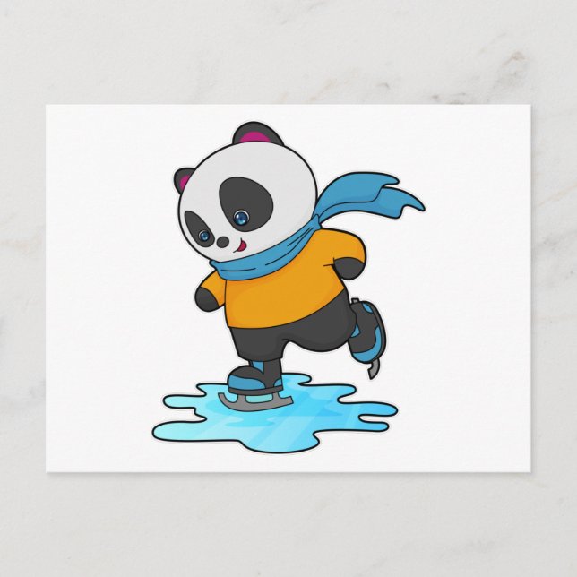 Carte Postale Panda au patinage sur glace avec patins à glace et (Devant)