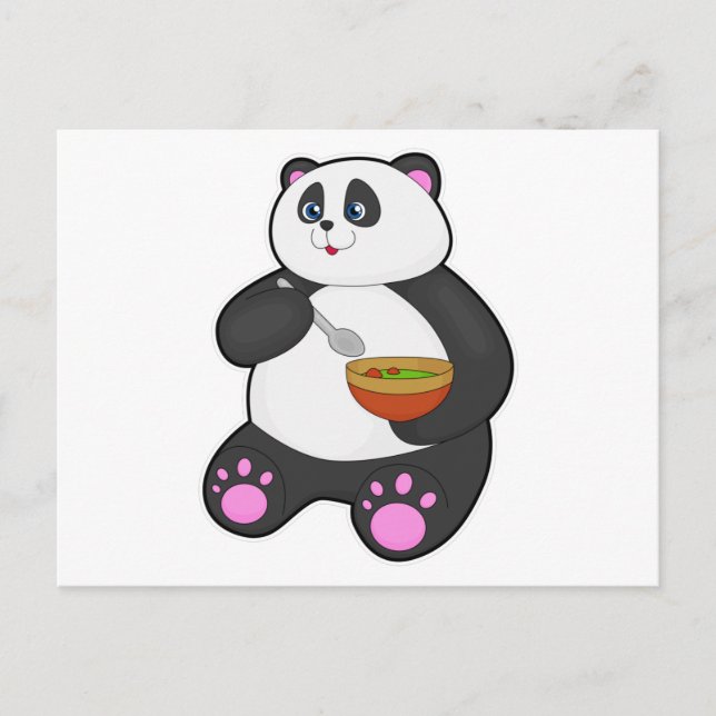 Carte Postale Panda mangeant avec cuillère et bol (Devant)