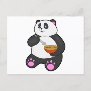 Carte Postale Panda mangeant avec une cuillère et un bol