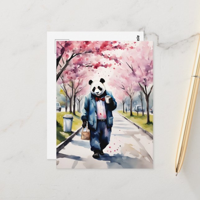 Carte Postale Panda Morning Coffee Walk in Spring City (Devant/Arrière en situation)