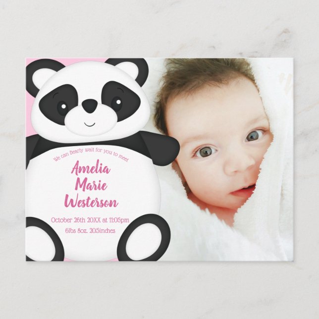 Carte Postale Panda rose ours bébé Faire-part de naissance (Devant)