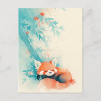 Panda roux endormi sous du bambou bleu