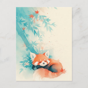 Carte Postale Panda roux endormi sous du bambou bleu