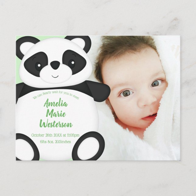 Carte Postale Panda vert ours bébé Faire-part de naissance (Devant)