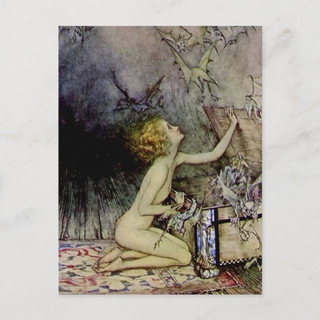 Carte Postale "Pandora ouvre la boîte" par Arthur Rackham (Devant)
