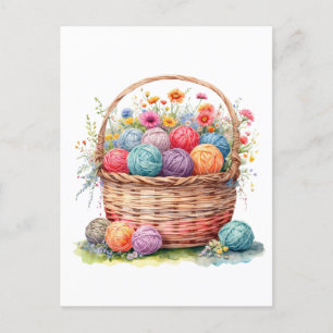 Carte Postale Panier aquarelle avec boules de fil et fleurs