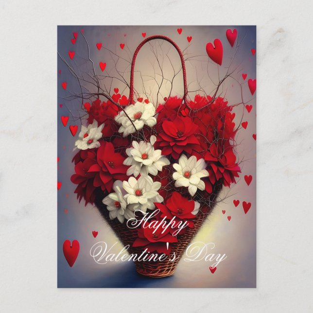 Carte Postale Panier de coeurs et de fleurs valentine (Devant)