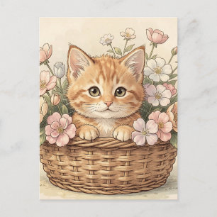 Carte Postale Panier de fleurs avec un adorable chaton roux