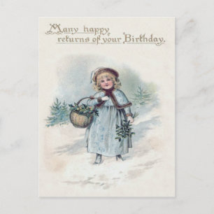 Carte Postale Panier de houx de neige de petite fille mignonne à
