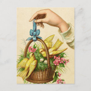 Carte Postale Panier de Pâques vintage Oiseaux jaunes et main