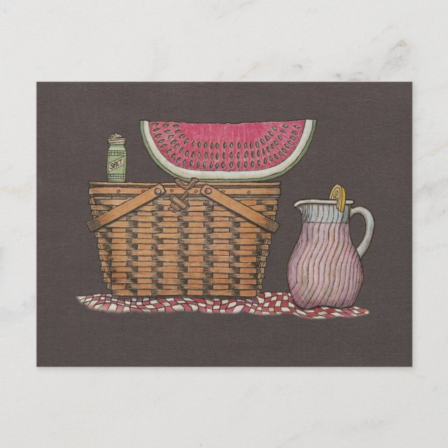 Carte Postale Panier de pique-nique et pastèque (Devant)