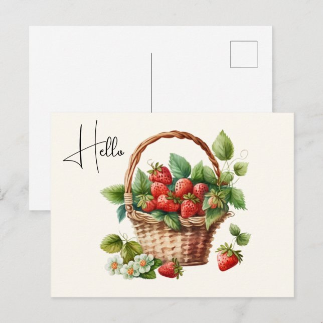 Carte Postale Panier mignon plein de fraises Bonjour (Devant / Derrière)