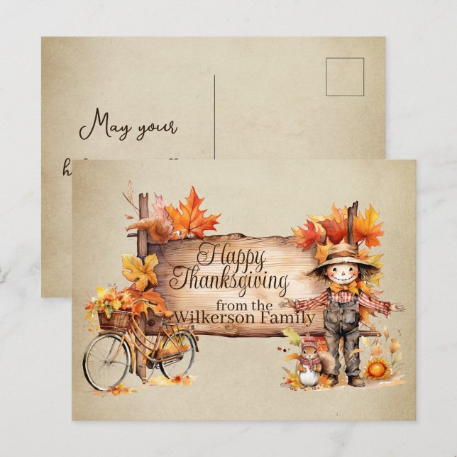Carte Postale Panneau bon thanksgiving bois & Scène d'automne (Devant / Derrière)
