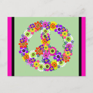 Carte Postale Panneau de Paix Floral avec fuchsia et bordure noi