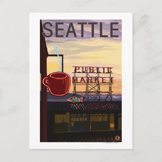Carte Postale Panneau du marché de SeattlePike Place et vue sur  (Devant)