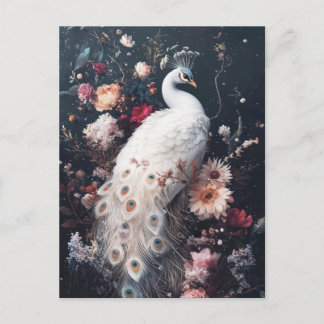 Carte Postale Paon Blanc Élégant dans Jardin de Nuit Floral