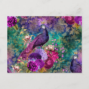 Carte Postale Paon mauve couronné avec fleurs