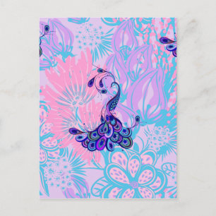 Carte Postale paon rose floral