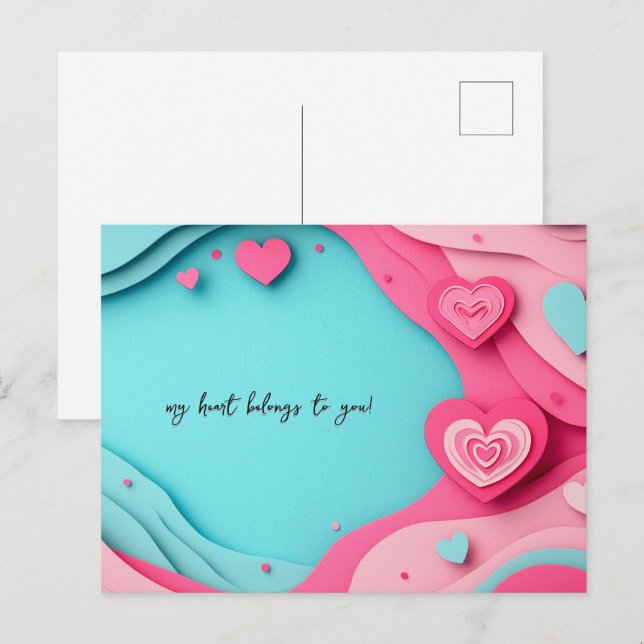 Carte Postale Papercut Saint Valentin au coeur bleu et rose (Devant / Derrière)