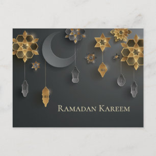 Carte Postale Papier coupé Lanternes Ramadan, Lune, Fleurs, Noir