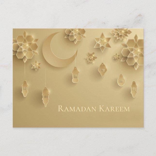 Carte Postale Papier coupé Lanternes Ramadan, Lune, Fleurs, or (Devant)
