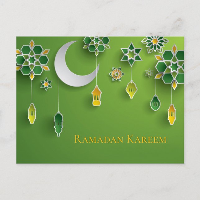 Carte Postale Papier coupé Lanternes Ramadan, Lune, Fleurs, Vert (Devant)