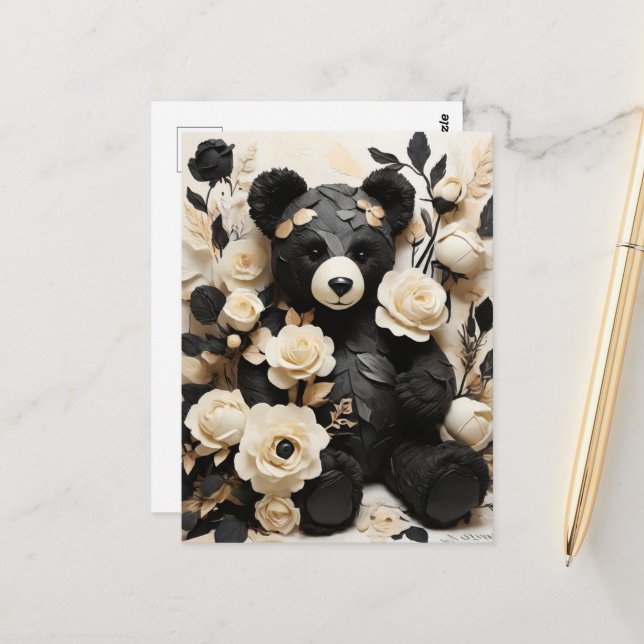 Carte Postale Papier Rose & Feuille & Ours Noir Valentine (Devant/Arrière en situation)