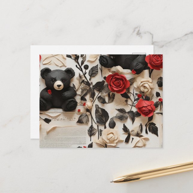 Carte Postale Papier Roses et ours Valentine (Devant/Arrière en situation)