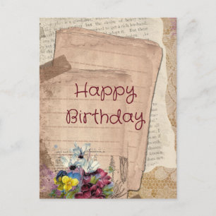 Carte Postale Papiers vintages et fleurs Joyeux anniversaire