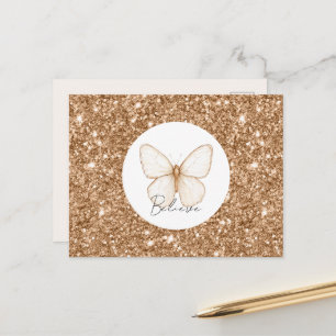 Carte Postale Papillon Blanc Pailleté Faux Or  