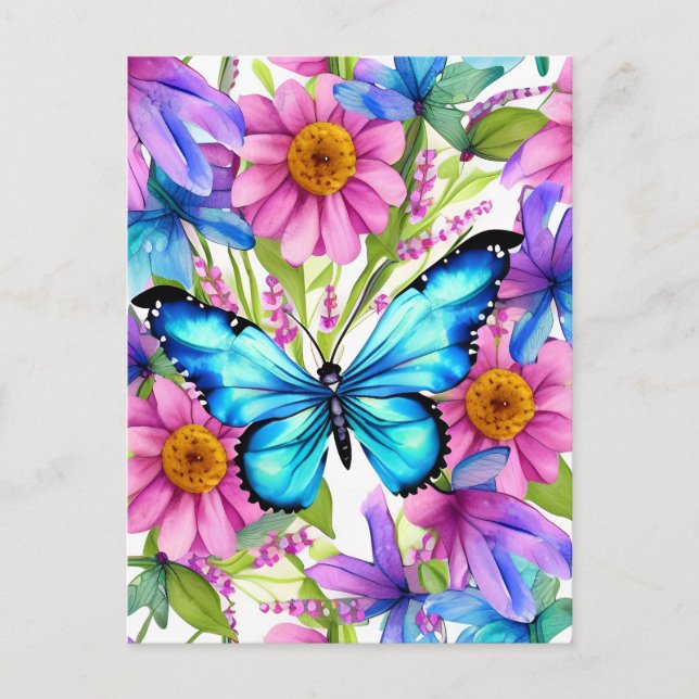 Carte Postale Papillon bleu dans un champ de fleurs (Devant)