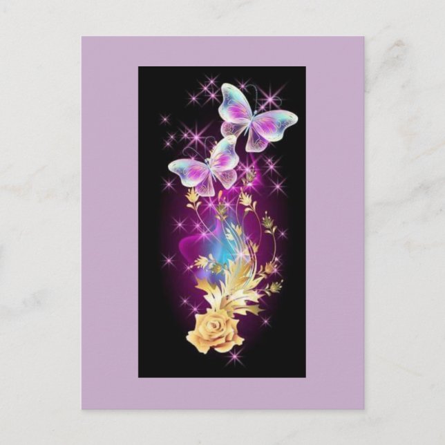 Carte Postale Papillon bleu et violet clair avec Rose or (Devant)