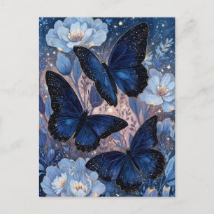 Carte Postale Papillon bleu marine et or avec fleur bleue