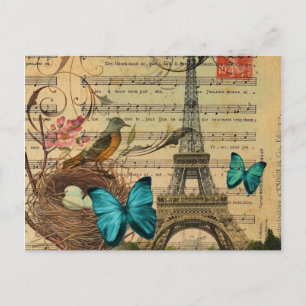Carte Postale Papillon bleu Robin nid d'oiseau Paris Tour Eiffel