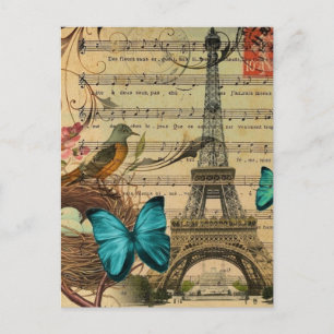 Carte Postale Papillon bleu Robin nid d'oiseau Paris Tour Eiffel