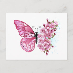 Carte Postale Papillon de fleurs avec Sakura rose