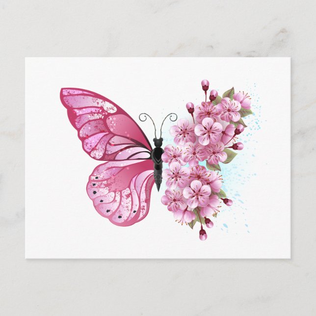 Carte Postale Papillon de fleurs avec Sakura rose (Devant)