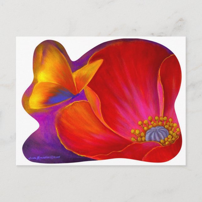 Carte Postale Papillon Fleur de Pavot Rose - Multi (Devant)