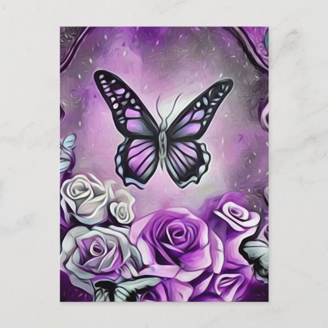 Carte Postale Papillon pourpre et Roses (Devant)