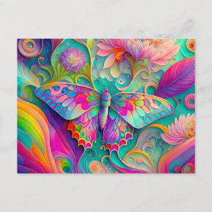 Carte Postale Papillon psychédélique coloré et fleurs