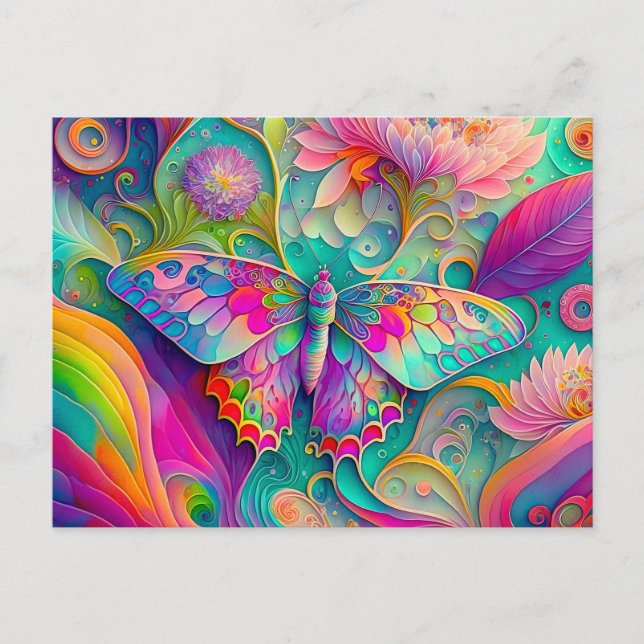 Carte Postale Papillon psychédélique coloré et fleurs (Devant)