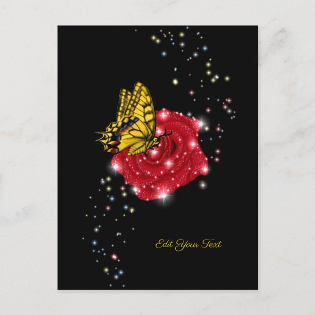 Carte Postale Papillon sur rose rouge avec étoiles et gouttes de (Devant)