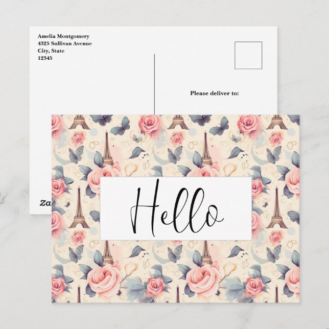 Carte Postale Papillon Tour Eiffel et Motif Rose Bonjour (Devant / Derrière)