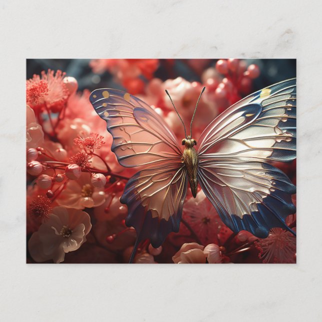 Carte Postale Papillon transparent, baies et fleurs (Devant)