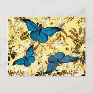 Carte Postale Papillons bleus sur motif floral crème Vintage
