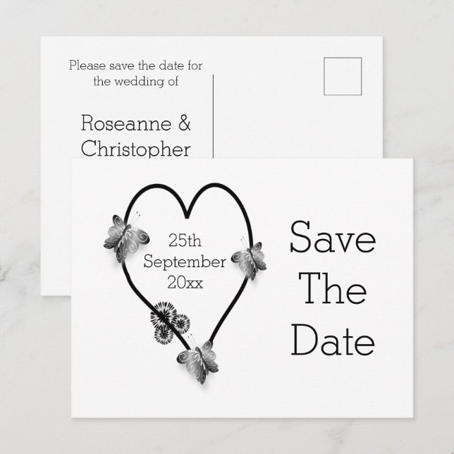 Carte Postale Papillons Coeur Noir Et Blanc Enregistrer La Date (Devant / Derrière)