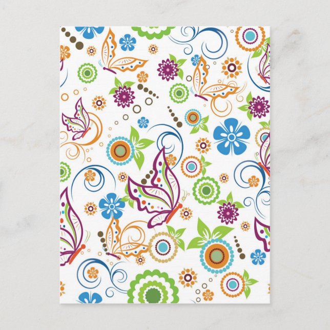 Carte Postale Papillons Colorés Et Fleurs Motif (Devant)