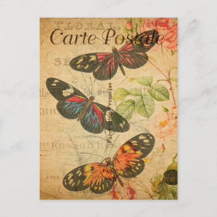 Carte Postale Papillons colorés vintage Fleurs Floral Français